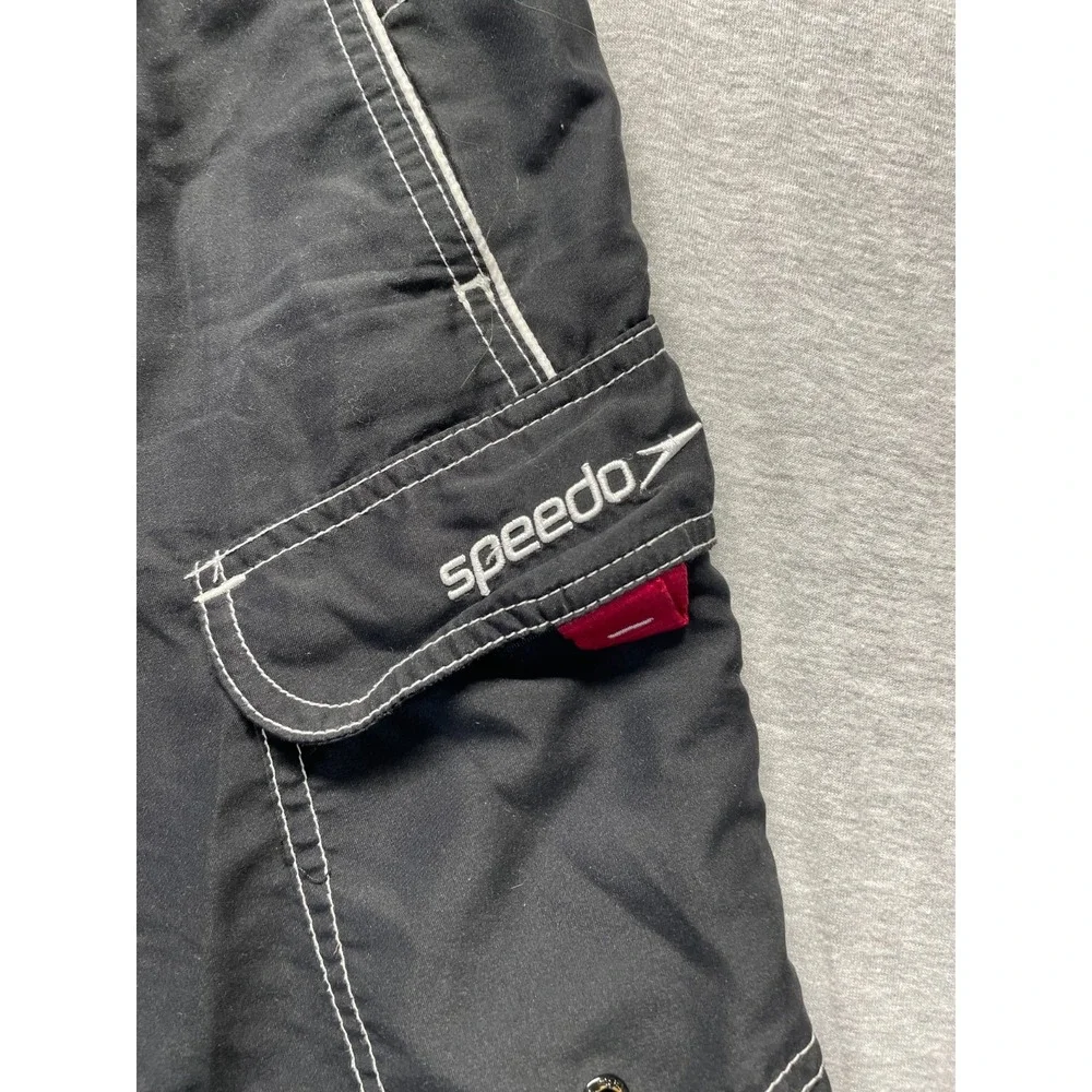 Speedo Trunks Shorts Mens M Black Cargo Pockets Swimwear White Seams Drawstring
